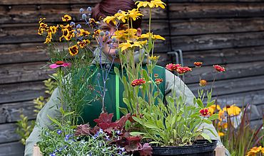Auszubildende vom BBW Leipzig mit bienenfreundlichen Blumen.