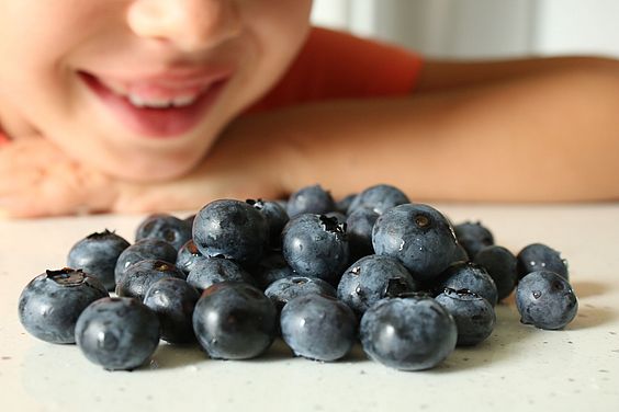 Ein Kind schaut einen Berg Blaubeeren an